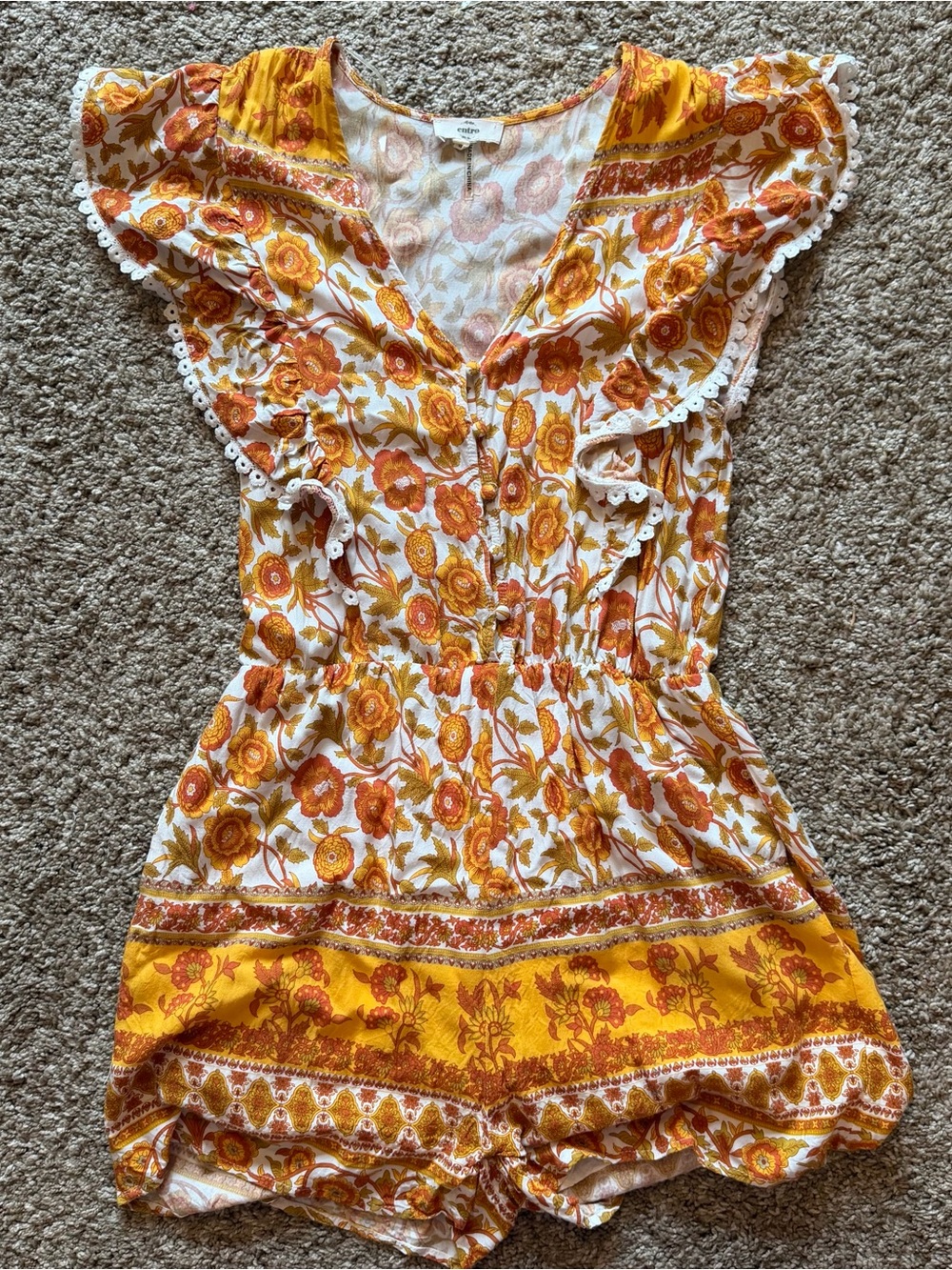 Entro Orange Yellow Marigold Button Front Romper with Ruffle Sleeves